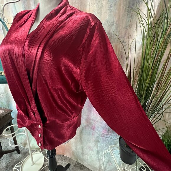 πVintage 90s Wine Red Plus Size Satin Blouse with Fitted End - Picture 5 of 13